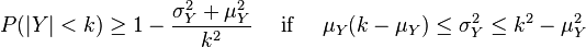   P( | Y | < k ) \ge 1 - \frac{ \sigma_Y^2 + \mu_Y^2 }{ k^2 } \quad\text{ if }\quad \mu_Y ( k - \mu_Y ) \le \sigma_Y^2 \le k^2 - \mu_Y^2 