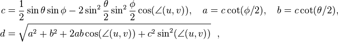 \begin{align}c &= \frac{1}{2}\sin\theta\sin\phi -2 \sin^2\frac{\theta}{2}\sin^2\frac{\phi}{2}\cos(\angle(u,v)) ,\quad  a = c \cot(\phi/2), \quad b = c  \cot(\theta/2),  \\
              d &= \sqrt{a^2 + b^2 +2ab\cos(\angle(u,v)) + c^2 \sin^2(\angle(u,v))}~~,\end{align}