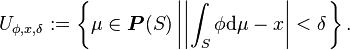 U_{\phi, x, \delta} := \left\{ \mu \in \boldsymbol{P}(S) \left| \left| \int_{S} \phi \mathrm{d} \mu - x \right| < \delta \right. \right\}.