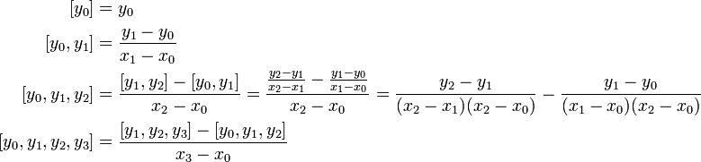 
\begin{align}
  \mathopen[y_0] &= y_0 \\
  \mathopen[y_0,y_1] &= \frac{y_1-y_0}{x_1-x_0} \\
  \mathopen[y_0,y_1,y_2]
&= \frac{\mathopen[y_1,y_2]-\mathopen[y_0,y_1]}{x_2-x_0}
 =  \frac{\frac{y_2-y_1}{x_2-x_1}-\frac{y_1-y_0}{x_1-x_0}}{x_2-x_0}
 = \frac{y_2-y_1}{(x_2-x_1)(x_2-x_0)}-\frac{y_1-y_0}{(x_1-x_0)(x_2-x_0)}
\\
  \mathopen[y_0,y_1,y_2,y_3] &= \frac{\mathopen[y_1,y_2,y_3]-\mathopen[y_0,y_1,y_2]}{x_3-x_0}
\end{align}

