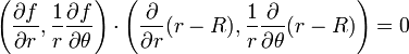\left(\frac{\partial f}{\partial r}, \frac{1}{r} \frac{\partial f}{\partial \theta}\right) \cdot \left(\frac{\partial}{\partial r}(r - R), \frac{1}{r} \frac{\partial}{\partial \theta}(r - R)\right) = 0