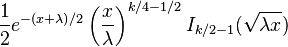 \frac{1}{2}e^{-(x+\lambda)/2}\left (\frac{x}{\lambda} \right)^{k/4-1/2}
 I_{k/2-1}(\sqrt{\lambda x})