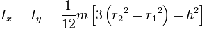 I_x = I_y = \frac{1}{12} m\left[3\left({r_2}^2 + {r_1}^2\right)+h^2\right]