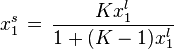 x_1^s \, = \, \frac{Kx_1^l}{1+(K-1)x_1^l}
