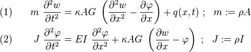 
  \begin{align}
    (1) & & \quad m~\frac{\partial^2 w}{\partial t^2} & = \kappa AG~\left(\frac{\partial^2 w}{\partial x^2} - \frac{\partial \varphi}{\partial x}\right) + q(x,t) ~;~~ m := \rho A \\
    (2) & & \quad J~\frac{\partial^2 \varphi}{\partial t^2} & = EI~\frac{\partial^2 \varphi}{\partial x^2} + \kappa AG~\left(\frac{\partial w}{\partial x} - \varphi\right) ~;~~ J := \rho I
  \end{align}
