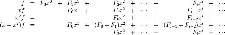 
\begin{array}{rcrcrcrcrcrcr}
f    & = & F_0x^0 & + & F_1x^1 & + & F_2x^2 & + & \cdots & + & F_ix^i & + &\cdots\\
xf   & = &        &  & F_0x^1  & + & F_1x^2 & + & \cdots & + &F_{i-1}x^i & + &\cdots\\
x^2f & = &        &  &         &   & F_0x^2 & + & \cdots & + &F_{i-2}x^i & +&\cdots\\
(x+x^2)f & = &    &  & F_0x^1  & + & (F_0+F_1)x^2 & + & \cdots & + & (F_{i-1}+F_{i-2})x^i & +&\cdots\\
     & = &        &  &         &   & F_2x^2       & + & \cdots & + & F_ix^i & +& \cdots\\
\end{array}
