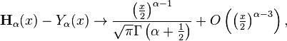 \mathbf{H}_\alpha(x) - Y_\alpha(x) \to \frac{\left(\frac{x}{2}\right)^{\alpha-1}}{\sqrt{\pi} \Gamma \left (\alpha+\frac{1}{2} \right )} + O\left(\left (\tfrac{x}{2}\right)^{\alpha-3}\right),