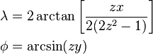 
\begin{align}
\lambda &= 2 \arctan \left[\frac{zx}{2(2z^2 - 1)}\right] \\
\phi &= \arcsin(zy)
\end{align}
