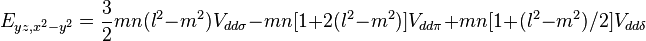 E_{yz,x^2-y^2} = \frac{3}{2} m n (l^2 - m^2) V_{dd\sigma} -
m n [1 + 2(l^2 - m^2)] V_{dd\pi} + m n [1 + (l^2 - m^2) / 2] V_{dd\delta}