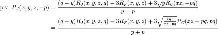 \begin{align}\mathrm{p.v.}\; R_{J}(x,y,z,-p) & = \frac{(q - y) R_{J}(x,y,z,q) - 3 R_{F}(x,y,z) + 3 \sqrt{y} R_{C}(x z,- p q)}{y + p} \\
 & = \frac{(q - y) R_{J}(x,y,z,q) - 3 R_{F}(x,y,z) + 3 \sqrt{\frac{x y z}{x z + p q}} R_{C}(x z + p q,p q)}{y + p} \end{align}