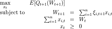 
\begin{array}{lrclr}
\max\limits_{x_{t}}   & E[Q_{t+1}(W_{t+1})]    &   \\
\text{subject to} & W_{t+1}   &=&    \sum_{i=1}^{n}\xi_{i,t+1}x_{i,t} \\
                    &\sum_{i=1}^{n}x_{i,t}&=&W_{t}\\
		    & x_{t}     &\geq& 0
\end{array}
