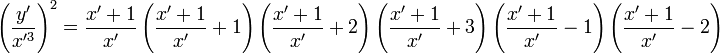 \left(\frac{y'}{x'^3 }\right)^2=\frac {x'+1}{x'} \left(\frac {x'+1}{x'}+1\right)\left(\frac {x'+1}{x'}+2\right)\left(\frac {x'+1}{x'}+3\right)\left(\frac {x'+1}{x'}-1\right)\left(\frac {x'+1}{x'}-2\right)