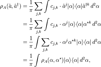 \begin{align}
\rho_A(\hat{a},\hat{a}^{\dagger})&=\frac{1}{\pi}\sum_{j,k} \int c_{j,k}\cdot\hat{a}^j|{\alpha}\rangle \langle {\alpha}|\hat{a}^{\dagger k} \, d^{2}\alpha \\
&= \frac{1}{\pi} \sum_{j,k} \int c_{j,k} \cdot \alpha^j|{\alpha}\rangle \langle {\alpha}|\alpha^{*k} \, d^{2}\alpha \\
&= \frac{1}{\pi} \int \sum_{j,k} c_{j,k} \cdot \alpha^j\alpha^{*k}|{\alpha}\rangle \langle {\alpha}| \, d^{2}\alpha \\
&= \frac{1}{\pi} \int \rho_A(\alpha,\alpha^*)|{\alpha}\rangle \langle {\alpha}| \, d^{2}\alpha,\end{align}