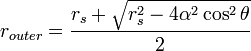 
r_{outer} = \frac{r_{s} + \sqrt{r_{s}^{2} - 4\alpha^{2} \cos^{2}\theta}}{2}
