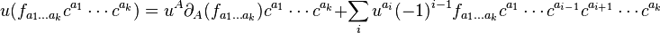 u(f_{a_1\ldots a_k}c^{a_1}\cdots
c^{a_k})=u^A\partial_A(f_{a_1\ldots a_k})c^{a_1}\cdots c^{a_k}+
\sum_i u^{a_i}(-1)^{i-1} f_{a_1\ldots a_k}c^{a_1}\cdots
c^{a_{i-1}}c^{a_{i+1}}\cdots c^{a_k}