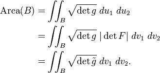 \begin{align}
 \mbox{Area}(B)
 &= \iint_B \sqrt{\det g}\; du_1\; du_2 \\
 &= \iint_B \sqrt{\det g} \;|\det F| \;dv_1 \;dv_2 \\
 &= \iint_B \sqrt{\det \tilde{g}} \;dv_1 \;dv_2.
\end{align}