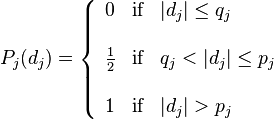 \begin{array}{cc} P_{j}(d_{j})=\left\{
               \begin{array}{lll}
                0 & \text{if} & |d_{j}| \leq q_{j} \\
        \\
                 \frac{1}{2} & \text{if} & q_{j}<|d_{j}| \leq p_{j} \\
\\
                 1 & \text{if} & |d_{j}| > p_{j}\\
                \end{array}
             \right.
\end{array}
