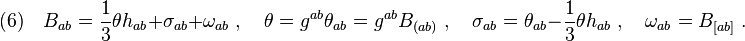 (6)\quad B_{ab}=\frac{1}{3}\theta h_{ab} +\sigma_{ab}+\omega_{ab}\;,\quad \theta=g^{ab}\theta_{ab}=g^{ab}B_{(ab)}\;,\quad \sigma_{ab}=\theta_{ab}-\frac{1}{3}\theta h_{ab}\;,\quad \omega_{ab}=B_{[ab]}\;.