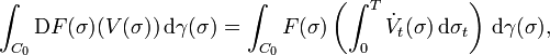 \int_{C_{0}} \mathrm{D} F (\sigma) (V(\sigma)) \, \mathrm{d} \gamma (\sigma) = \int_{C_{0}} F (\sigma) \left( \int_{0}^{T} \dot{V}_{t} (\sigma) \, \mathrm{d} \sigma_{t} \right) \, \mathrm{d} \gamma (\sigma),