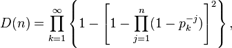 D(n)=\prod_{k=1}^{\infty}\left\{1-\left[1-\prod_{j=1}^n(1-p_k^{-j})\right]^2\right\},