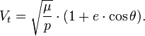  V_t = \sqrt{\frac {\mu}{p}} \cdot (1 + e \cdot \cos \theta).