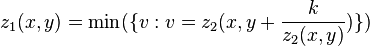 z_1(x, y) = \min(\{v : v = z_2(x, y + \frac{k}{z_2(x, y)})\}) 