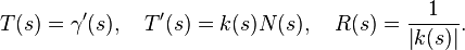  T(s)=\gamma'(s),\quad T'(s)=k(s)N(s),\quad R(s)=\frac{1}{\left|k(s)\right|}.