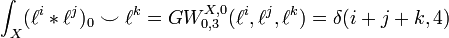 \int_X (\ell^i * \ell^j)_0 \smile \ell^k = GW_{0, 3}^{X, 0}(\ell^i, \ell^j, \ell^k) = \delta(i + j + k,4)