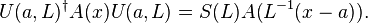 U(a,L)^{\dagger}A(x)U(a,L)=S(L)A(L^{-1}(x-a)).