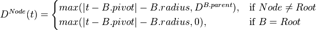 
    D^{Node}(t) = 
        \begin{cases}
            max(|t - B.pivot| - B.radius, D^{B.parent}),
                & \text{if }Node \neq Root \\
            max(|t - B.pivot| - B.radius, 0),
                & \text{if }B = Root \\
        \end{cases}
