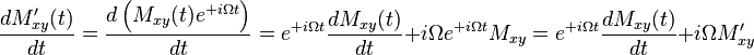 \frac {d M_{xy}'(t)} {d t} = \frac {d \left ( M_{xy}(t) e^{+i \Omega t} \right )} {d t} =
e^{+i \Omega t} \frac {d M_{xy}(t) } {d t} + i \Omega e^{+i \Omega t} M_{xy} =
e^{+i \Omega t} \frac {d M_{xy}(t) } {d t} + i \Omega M_{xy}'
