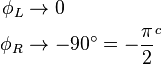 \begin{align}
  \phi_L &\to 0\\
  \phi_R &\to -90^{\circ} = -\frac{\pi}{2}^{c}
\end{align}