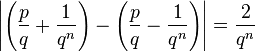 \left|\left(\frac{p}{q}+\frac{1}{q^n}\right)-\left(\frac{p}{q}-\frac{1}{q^n}\right)\right|=\frac{2}{q^n}