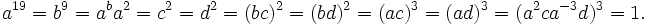 a^{19} = b^9 = a^ba^2 = c^2 = d^2 = (bc)^2 = (bd)^2 = (ac)^3 = (ad)^3 = (a^2ca^{-3}d)^3 = 1.