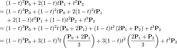 
\begin{align}
       &(1 - t)^2 \mathbf{P}_0 + 2(1 - t)t\mathbf{P}_1 + t^2 \mathbf{P}_2 \\
  = {} &(1 - t)^3 \mathbf{P}_0 + (1 - t)^{2}t\mathbf{P}_0 + 2(1 - t)^2 t\mathbf{P}_1 \\
       &+ 2(1 - t)t^2 \mathbf{P}_1 + (1 - t)t^2 \mathbf{P}_2 + t^3 \mathbf{P}_2 \\
  = {} &(1 - t)^3 \mathbf{P}_0
        + (1 - t)^2 t   \left( \mathbf{P}_0 + 2\mathbf{P}_1\right)
        + (1 - t)   t^2 \left(2\mathbf{P}_1 +  \mathbf{P}_2\right)
        + t^{3}\mathbf{P}_2 \\
  = {} &(1 - t)^3 \mathbf{P}_0
        + 3(1 - t)^2 t   \left( \frac{\mathbf{P}_0 + 2\mathbf{P}_1}{3} \right)
        + 3(1 - t)   t^2 \left( \frac{2\mathbf{P}_1 + \mathbf{P}_2}{3} \right)
        + t^{3}\mathbf{P}_2
\end{align}

