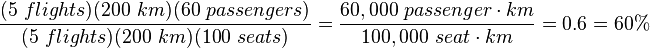 \frac{(5\ flights)(200\ km)(60\ passengers)}{(5\ flights)(200\ km)(100\ seats)} = \frac{60,000\ passenger \cdot km }{100,000\ seat\cdot km} = 0.6 = 60\%