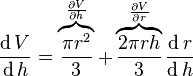 \frac{\operatorname dV}{\operatorname dh} = \overbrace{\frac{\pi r^2}{3}}^\frac{ \partial V}{\partial h} + \overbrace{\frac{2 \pi r h}{3}}^\frac{ \partial V}{\partial r}\frac{\operatorname d r}{\operatorname d h}