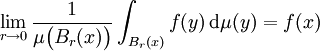 \lim_{r \to 0} \frac1{\mu \big( B_{r} (x) \big)} \int_{B_{r} (x)} f(y) \, \mathrm{d} \mu(y) = f(x)