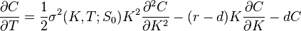 
\frac{\partial C}{\partial T} = \frac{1}{2} \sigma^2(K,T; S_0)K^2 \frac{\partial^2C}{\partial K^2}-(r - d)K \frac{\partial C}{\partial K} - dC
