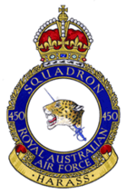 Royal Australian Air Force crest depicting a jaguar's head pierced by a rapier; the motto beneath reads "Harass"