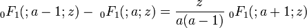  \; {}_0F_1(;a-1;z)- \; {}_0F_1(;a;z) = \frac{z}{a(a-1)} \; {}_0F_1(;a+1;z)