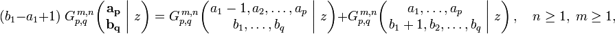 
(b_1 - a_1 + 1) \; G_{p,q}^{\,m,n} \!\left( \left. \begin{matrix} \mathbf{a_p} \\ \mathbf{b_q} \end{matrix} \; \right| \, z \right) =
G_{p,q}^{\,m,n} \!\left( \left. \begin{matrix} a_1-1, a_2, \dots, a_p \\ b_1, \dots, b_q \end{matrix} \; \right| \, z \right) +
G_{p,q}^{\,m,n} \!\left( \left. \begin{matrix} a_1, \dots, a_p \\ b_1+1, b_2, \dots, b_q \end{matrix} \; \right| \, z \right), \quad n \geq 1, \; m \geq 1,
