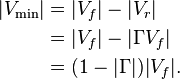 \begin{align}
  |V_\min| &= |V_f| - |V_r| \\
           &= |V_f| - |\Gamma V_f| \\
           &= (1 - |\Gamma|) |V_f|.
\end{align}