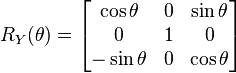 \begin{align} \\
R_Y(\theta) =
\begin{bmatrix}
\cos \theta & 0 & \sin \theta \\
0 & 1 & 0  \\
-\sin \theta & 0 & \cos \theta
\end{bmatrix}
\end{align}
