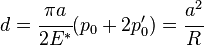 
   d = \cfrac{\pi a}{2 E^*}(p_0 + 2p_0') = \cfrac{a^2}{R}
 