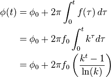 \begin{align}
\phi(t)
& = \phi_0 + 2\pi \int_0^t f(\tau)\, d\tau \\
& = \phi_0 + 2\pi f_0 \int_0^t k^{\tau} d\tau \\
& = \phi_0 + 2\pi f_0 \left( \frac{k^t - 1}{\ln(k)} \right)
\end{align}