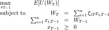 
\begin{array}{lrclr}
\max\limits_{x_{T-1}}   & E[U(W_T)]    &   \\
\text{subject to} & W_T   &=&    \sum_{i=1}^{n}\xi_{iT}x_{i,T-1} \\
                    &\sum_{i=1}^{n}x_{i,T-1}&=&W_{T-1}\\
		    & x_{T-1}     &\geq& 0
\end{array}
