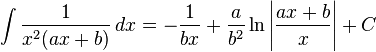 \int\frac{1}{x^2(ax+b)} \, dx = -\frac{1}{bx} + \frac{a}{b^2}\ln\left|\frac{ax+b}{x}\right| + C