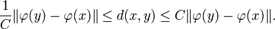  \frac{1}{C}\|\varphi(y)-\varphi(x)\| \leq d(x,y) \leq C\|\varphi(y)-\varphi(x)\|.