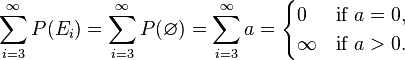 \sum_{i=3}^\infty P(E_i)=\sum_{i=3}^\infty P(\varnothing)=\sum_{i=3}^\infty a = \begin{cases} 0 & \text{if } a=0, \\ \infty & \text{if } a>0. \end{cases}